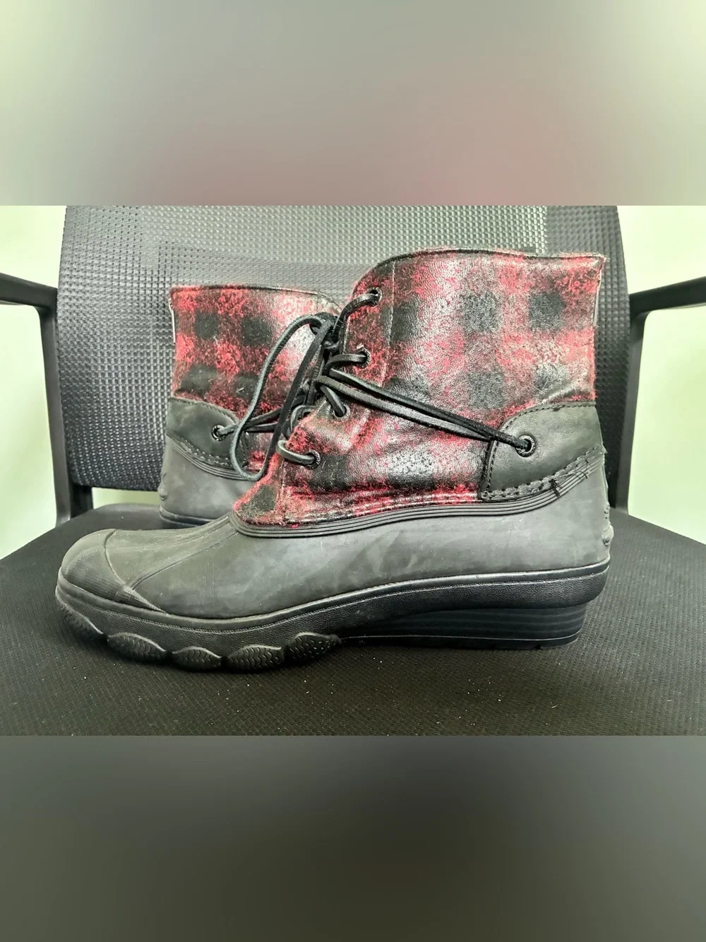 Sperry Top-Sider Saltwater Duck Rain Boots Women's Size 9 Red Black Plaid